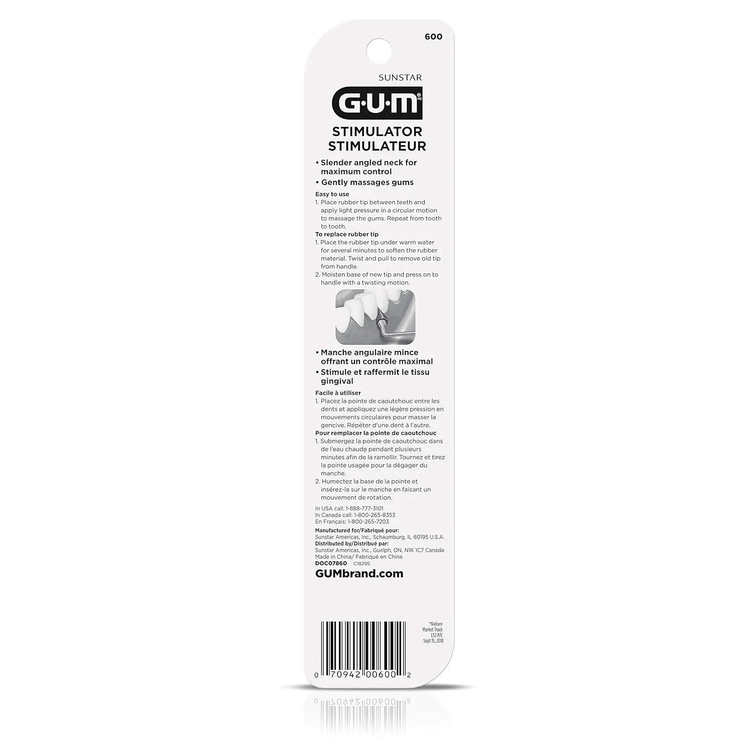 GUM Stimulator Permanent Handle - 1 Rubber Tip Included - Long Handled Massager for gums - Remove Plaque & Promote Gum Health, 1ct (6pk)