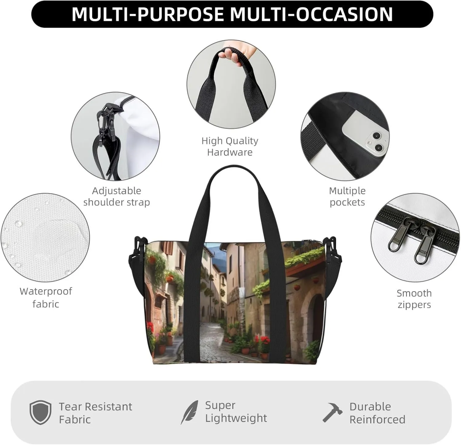 Gym Bag Italian Town Street Duffel Bag for Men Women Travel Overnight Bag with Shoe Compartment Workout Bags