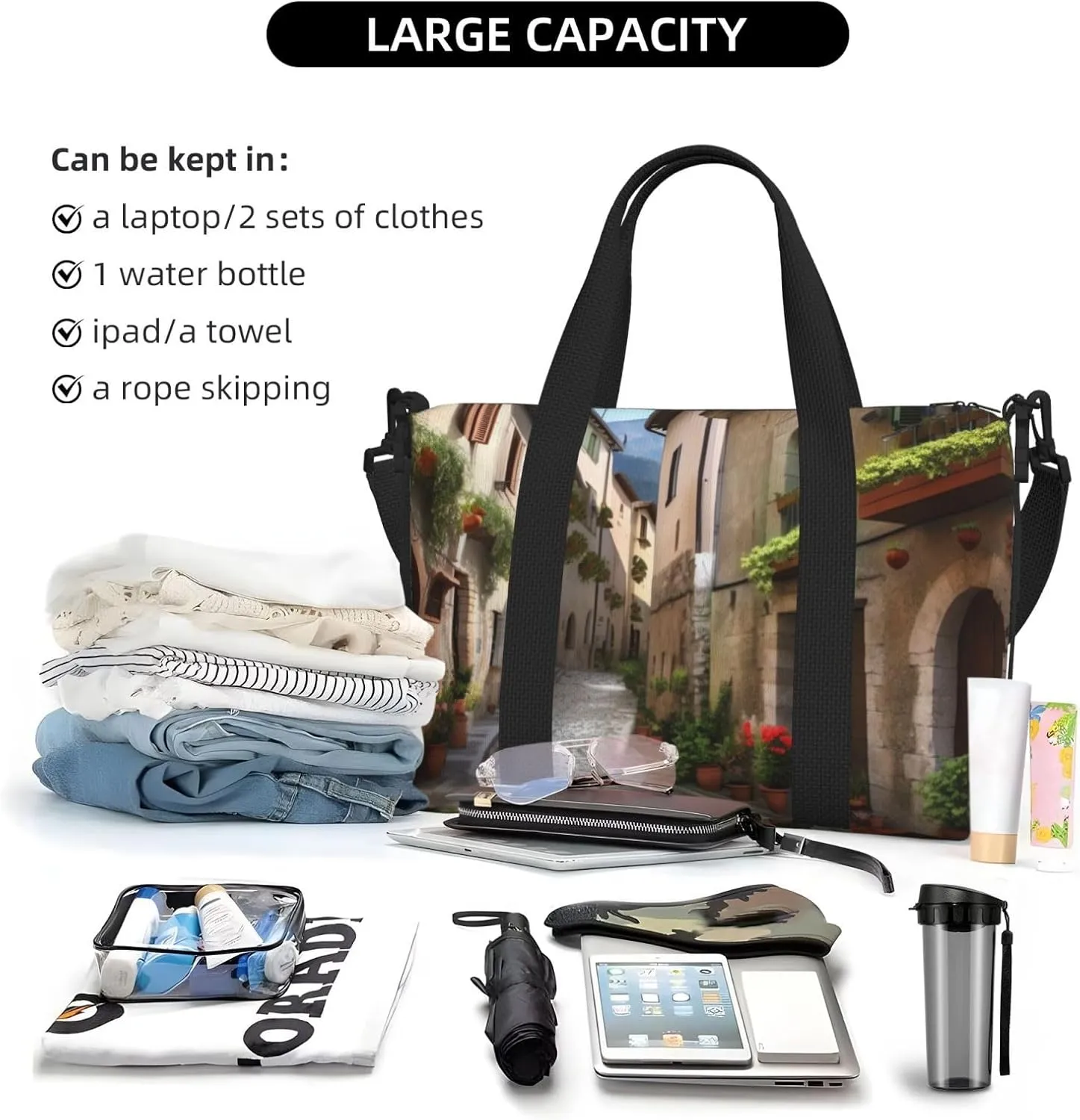 Gym Bag Italian Town Street Duffel Bag for Men Women Travel Overnight Bag with Shoe Compartment Workout Bags