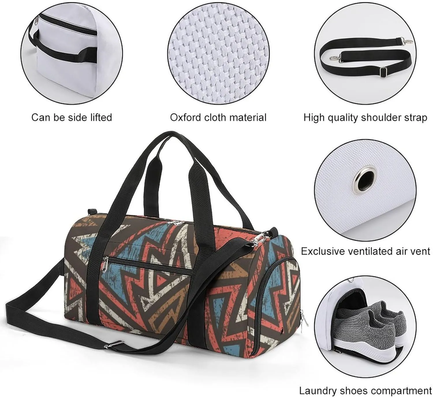 Gym Duffel Bag with Shoe Compartment Wet Pocket, Ancient Geometric Wood Travel Bag for Men Women, style-1