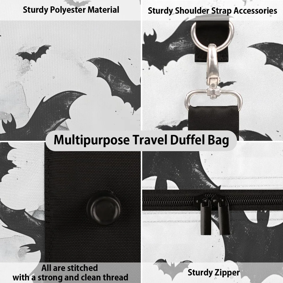 Halloween Bat Travel Duffle Bag for Women Men Gym Duffel Foldable Bag Waterproof Weekender Scary Animals Duffle Tote