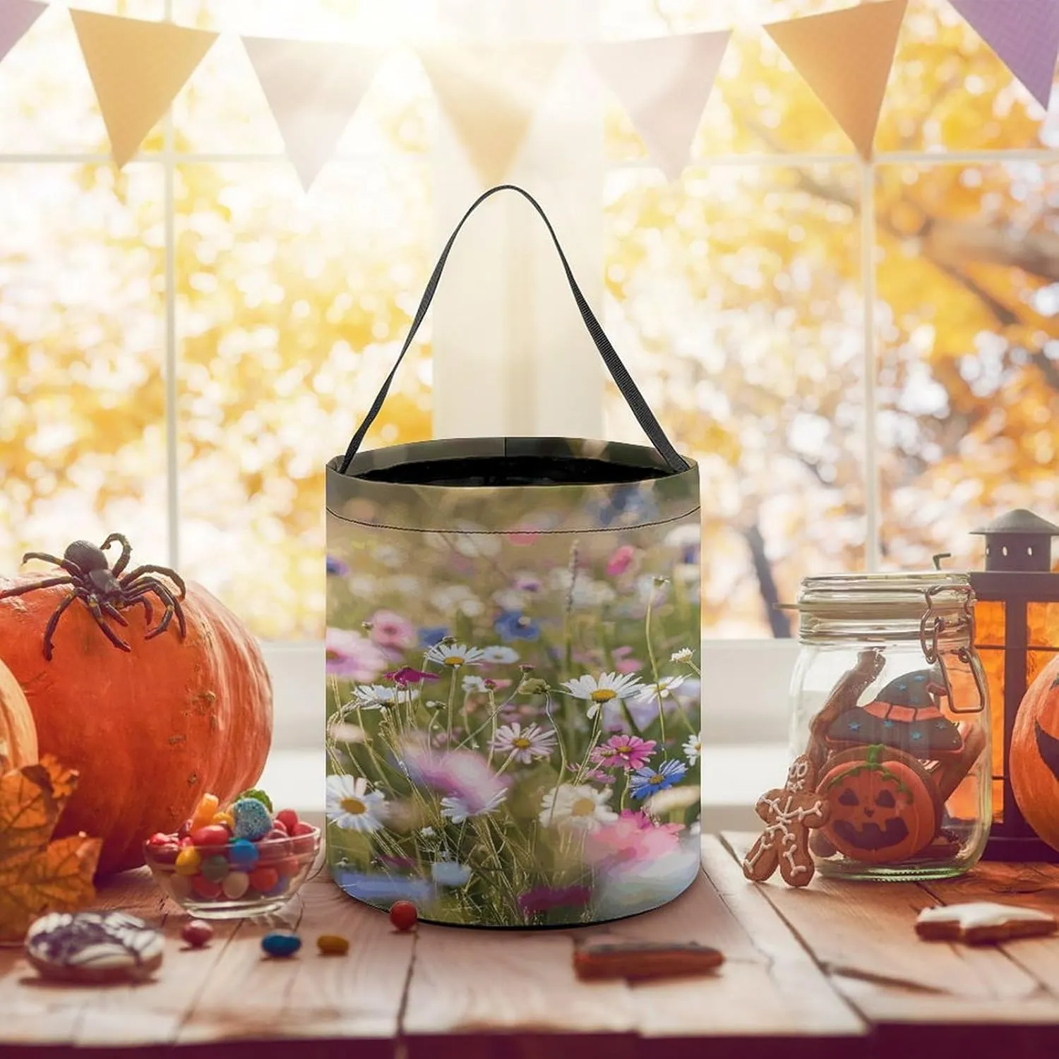 Halloween Candy Bucket,Halloween Trick Or Treat Bags,Airplane Flying in The Air Collapsible Reusable Candy Basket