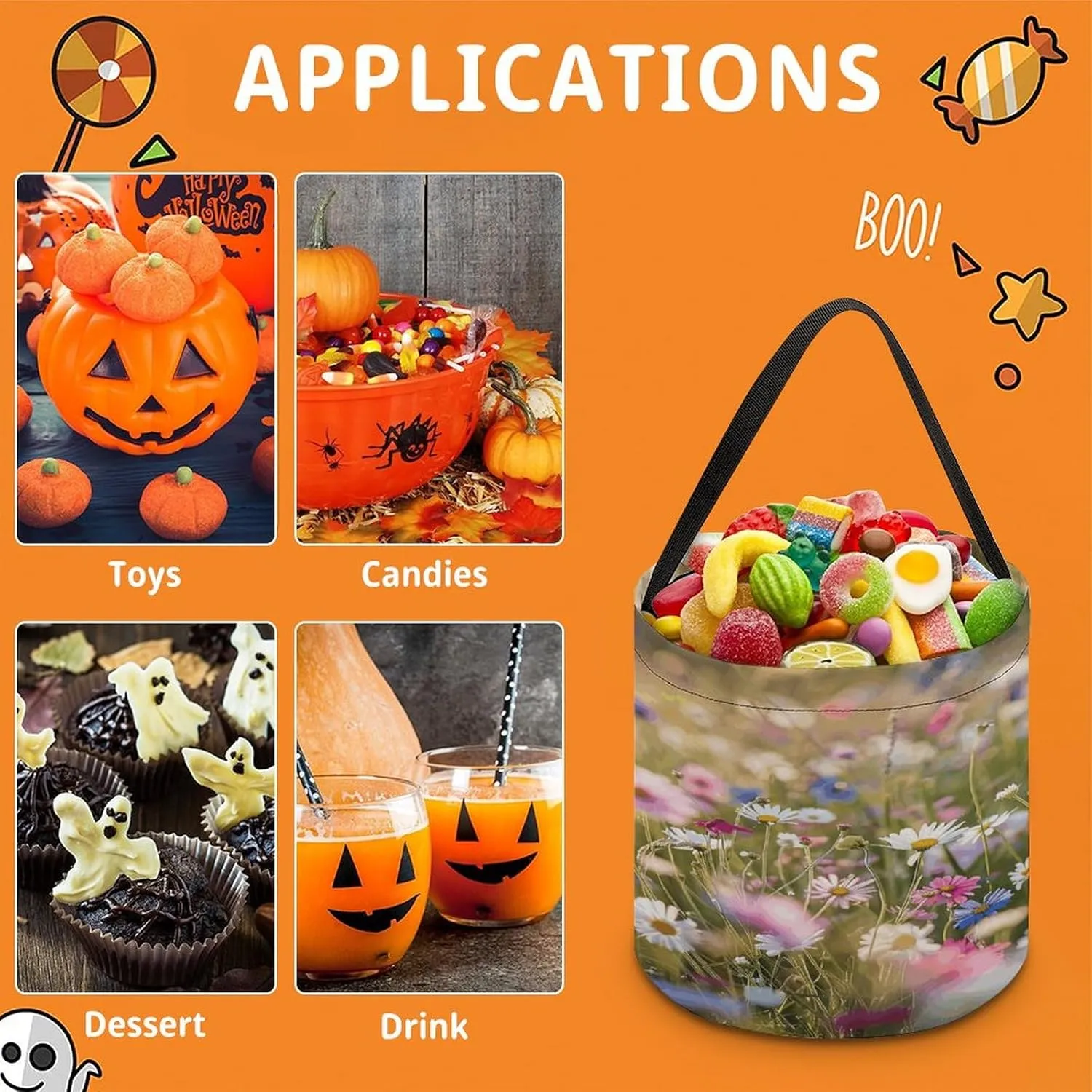 Halloween Candy Bucket,Halloween Trick Or Treat Bags,Airplane Flying in The Air Collapsible Reusable Candy Basket