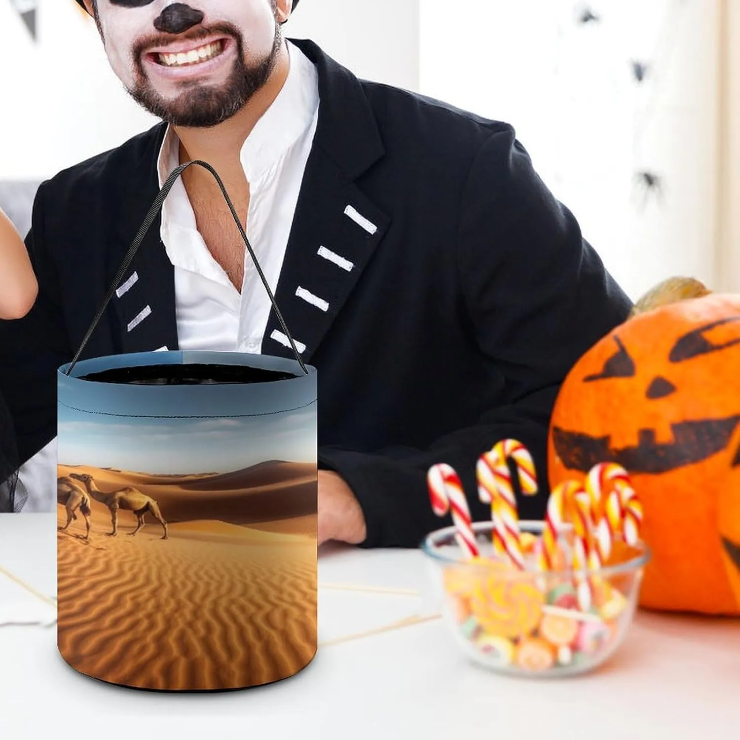 Halloween Candy Bucket,Halloween Trick Or Treat Bags,Seaside Cruise Ship Printed Collapsible Reusable Candy Basket