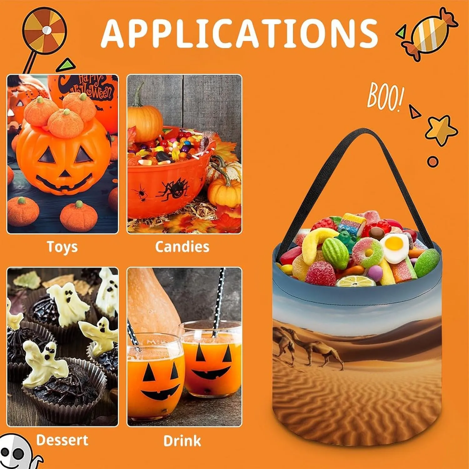 Halloween Candy Bucket,Halloween Trick Or Treat Bags,Seaside Cruise Ship Printed Collapsible Reusable Candy Basket