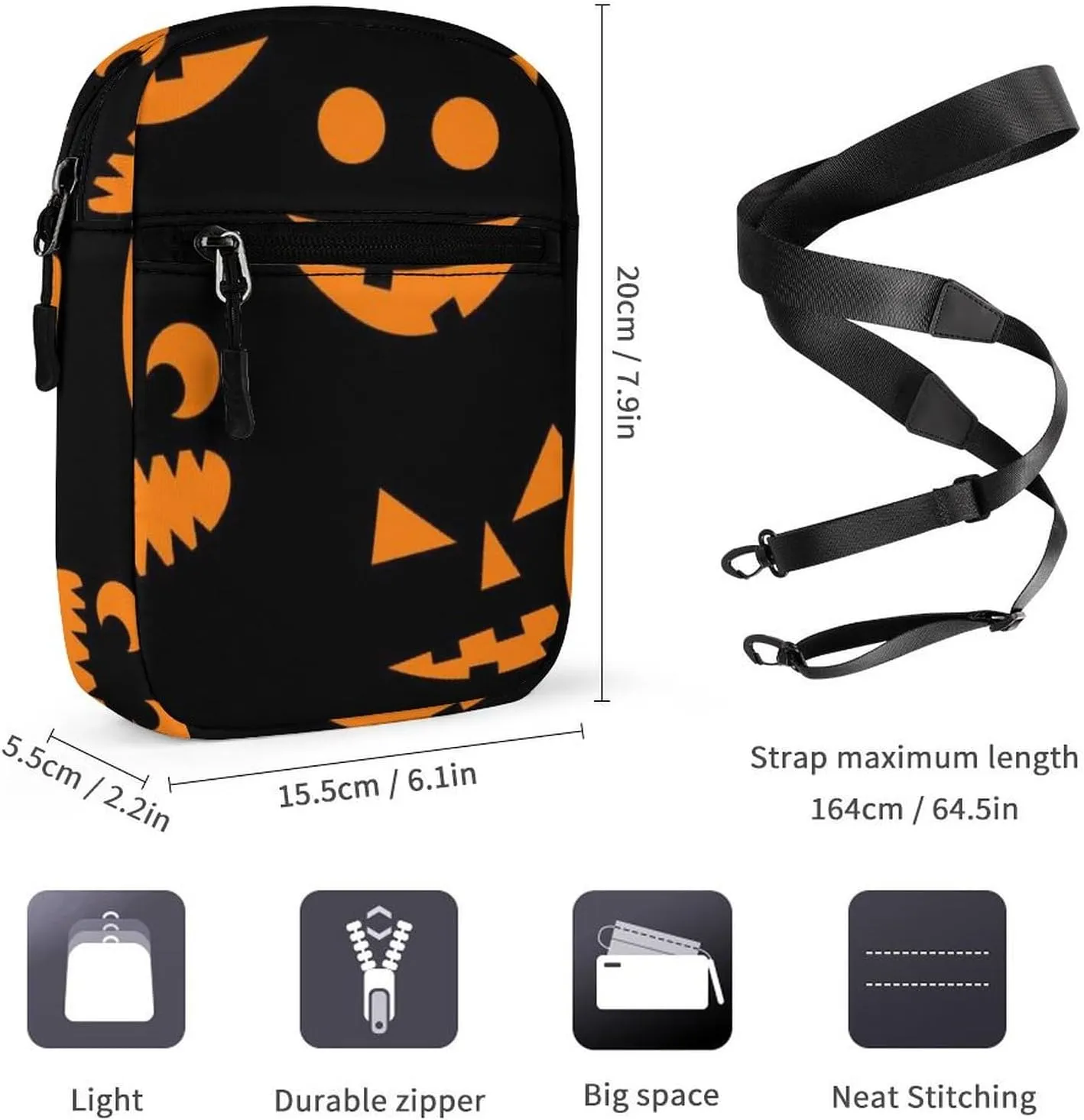 Halloween Orange Pumpkins Carved Faces On Black Adjustable Fanny Waist Pack Pouch, Waterproof Crossbody Runners Bag Wallet for Gym Hiking Fitness Women Men 6.1 x 2.2 x 7.9 inch