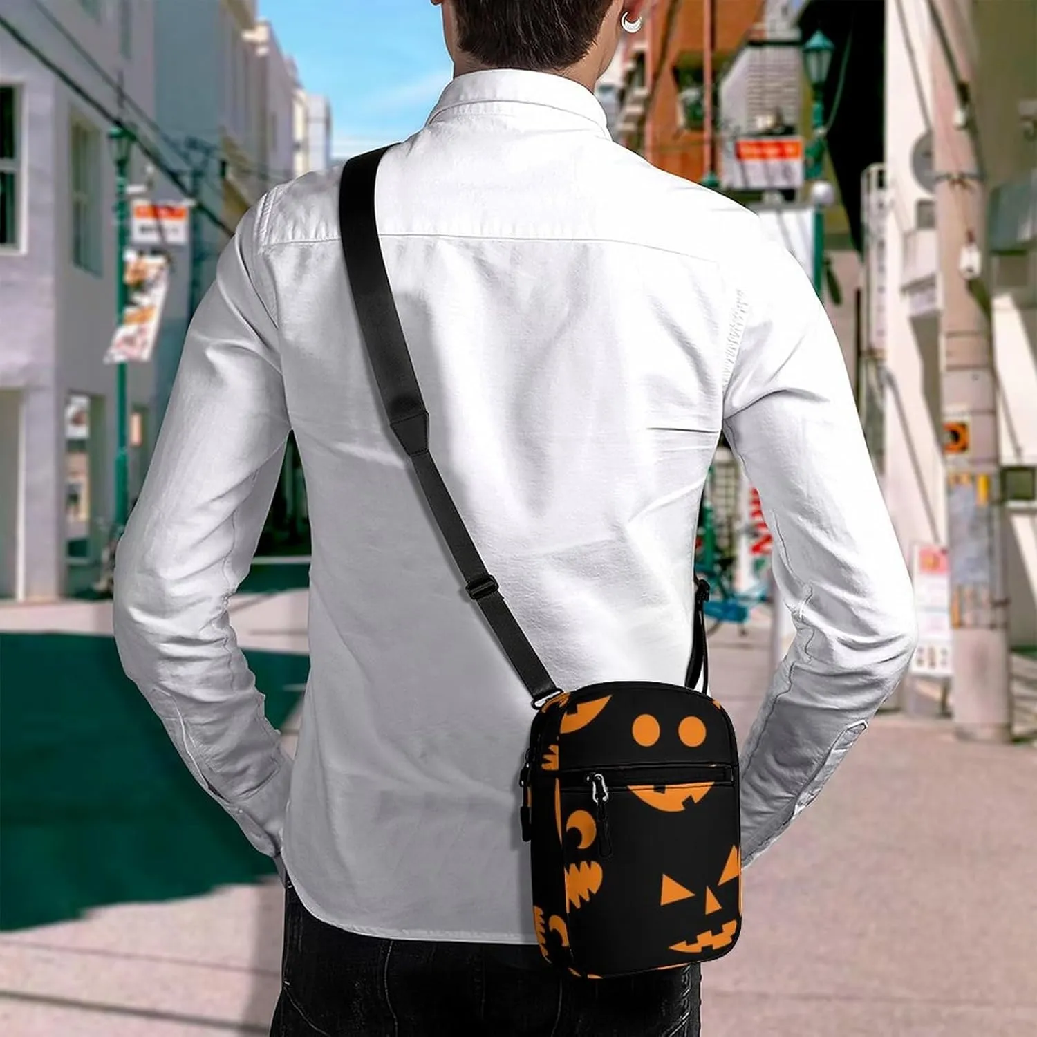 Halloween Orange Pumpkins Carved Faces On Black Adjustable Fanny Waist Pack Pouch, Waterproof Crossbody Runners Bag Wallet for Gym Hiking Fitness Women Men 6.1 x 2.2 x 7.9 inch