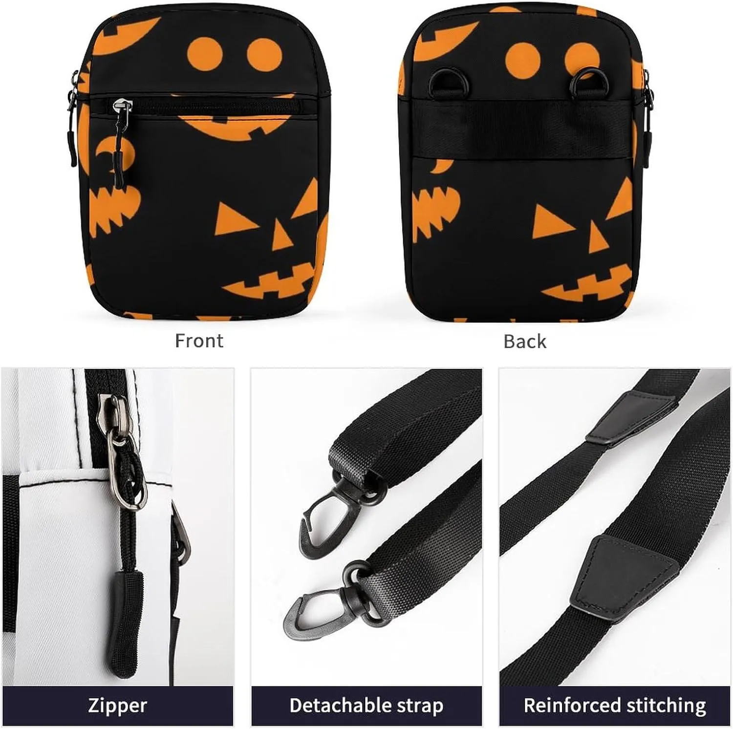 Halloween Orange Pumpkins Carved Faces On Black Adjustable Fanny Waist Pack Pouch, Waterproof Crossbody Runners Bag Wallet for Gym Hiking Fitness Women Men 6.1 x 2.2 x 7.9 inch
