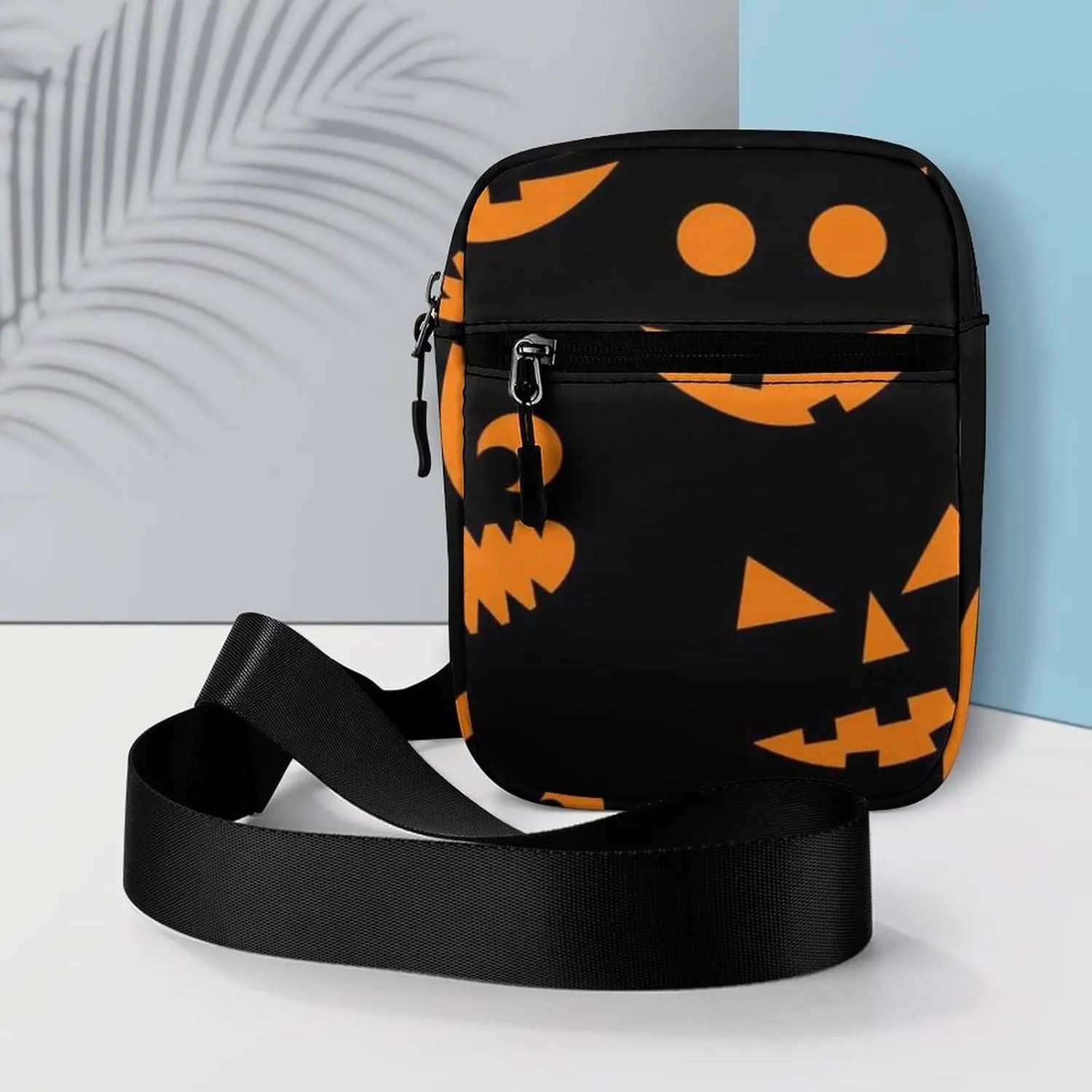 Halloween Orange Pumpkins Carved Faces On Black Adjustable Fanny Waist Pack Pouch, Waterproof Crossbody Runners Bag Wallet for Gym Hiking Fitness Women Men 6.1 x 2.2 x 7.9 inch