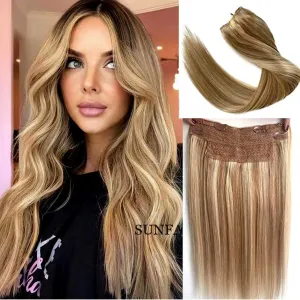 Halo Hair Extensions, Human Hair Extensions Halo Hair Extensions Real Human Hair, Ombre Balayage Light Blonde to Golden Blonde Highlights 16Inch 80g Silky Straight One Hairpiece