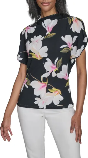Halston Women's Short Sleeve Cowl Neck Printed Jersey Top