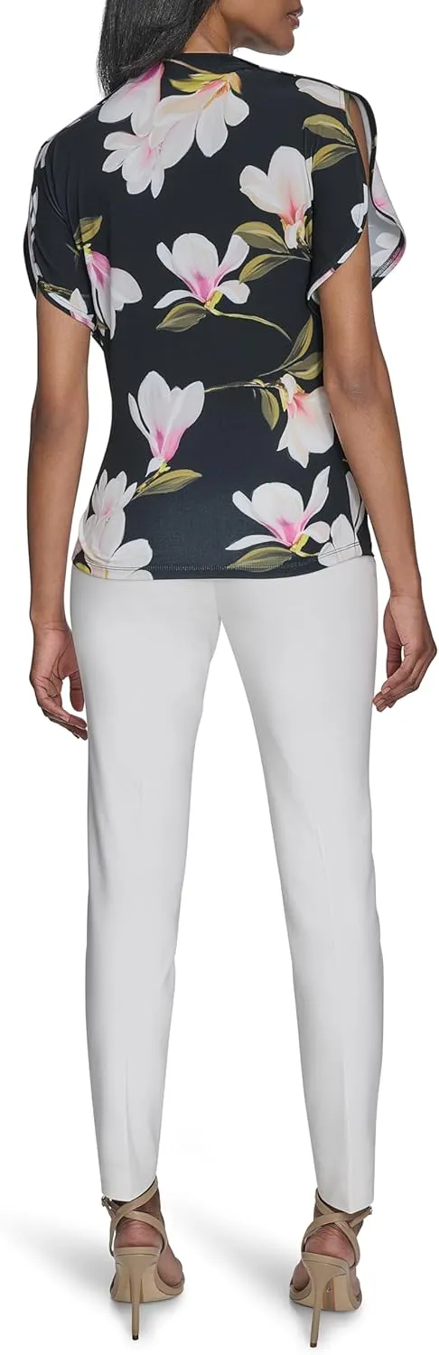 Halston Women's Short Sleeve Cowl Neck Printed Jersey Top
