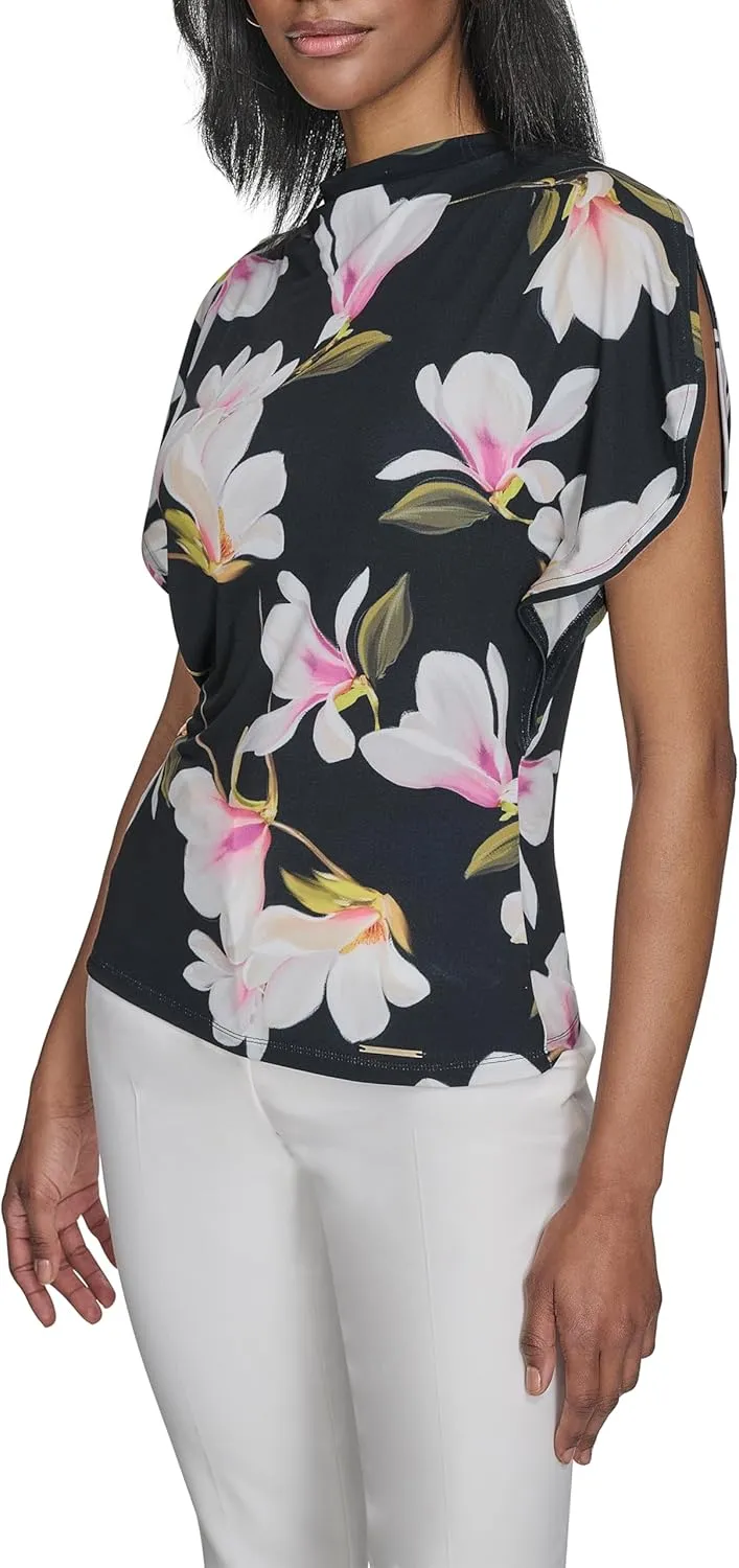 Halston Women's Short Sleeve Cowl Neck Printed Jersey Top
