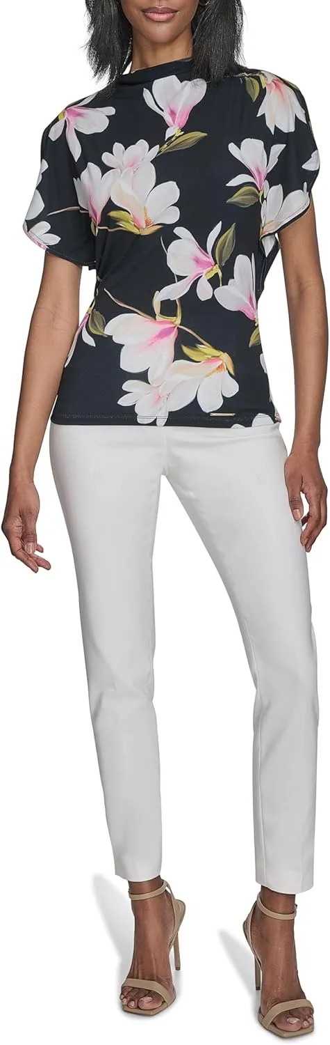 Halston Women's Short Sleeve Cowl Neck Printed Jersey Top