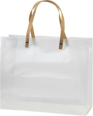 Hammont Clear Frosted Gift Bags - 10 Pack - Plastic Reusable Bags with Brown Straw Handle – 9.75x11.75x4.5 - Baby Shower, Wedding Gift Bags for Hotel Guests - Clear Party Favor