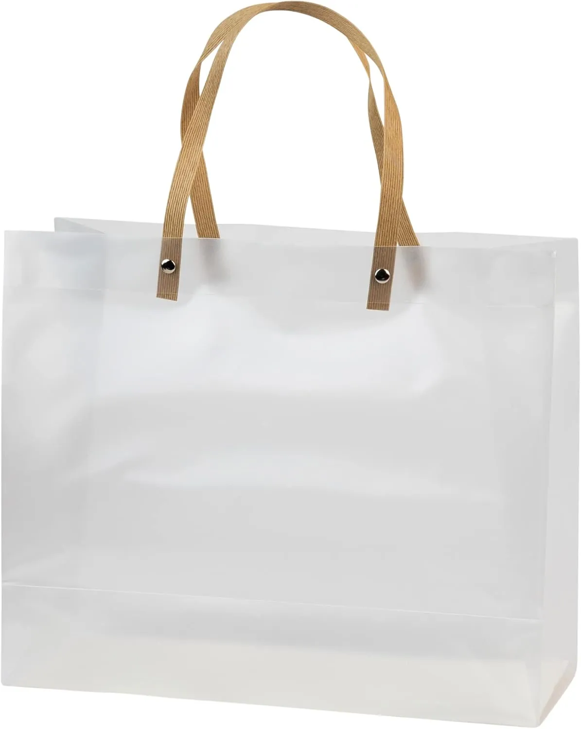Hammont Clear Frosted Gift Bags - 10 Pack - Plastic Reusable Bags with Brown Straw Handle – 9.75x11.75x4.5 - Baby Shower, Wedding Gift Bags for Hotel Guests - Clear Party Favor