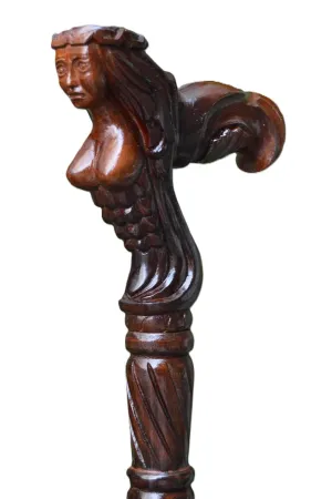 Hand Carved Mermaid Head Walking Cane With Natural Wood Grain - 36" Unique Design Premium Wood Craved With Ergonomic Palm Grip Handle Wood Carved Walking Cane Gift For Men Women