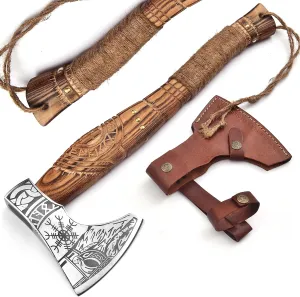 Hand-Forged Viking Axe – Authentic Norse Battle Axe with Custom Engraved Carbon Steel Blade & Carved Wooden Handle – Perfect for Throwing, Camping, Hunting & Gifts AH-001-AX