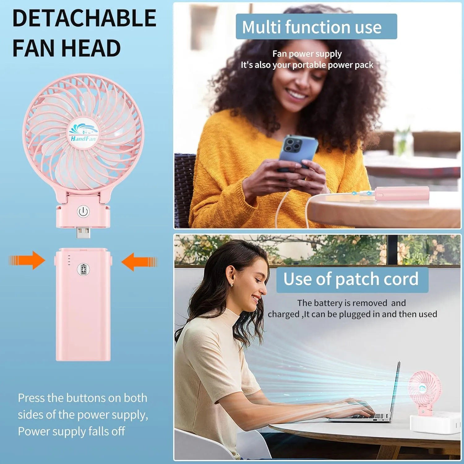 HandFan 10400mAh Handheld Fan With Double Portable Charger, Rechargeable Personal Hand Fan, Foldable Mini Electric Fan, Battery Operated Cooling Fan for Travel Beach Outdoors Indoors(Pink)
