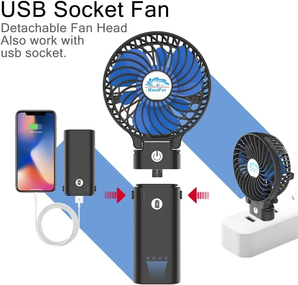 HandFan 10400mAh Handheld Fan With Double Portable Charger, Rechargeable Personal Hand Fan, Foldable Mini Electric Fans, Battery Operated Cooling Fans for Travel Beach Outdoors Indoors(Blue Blade)