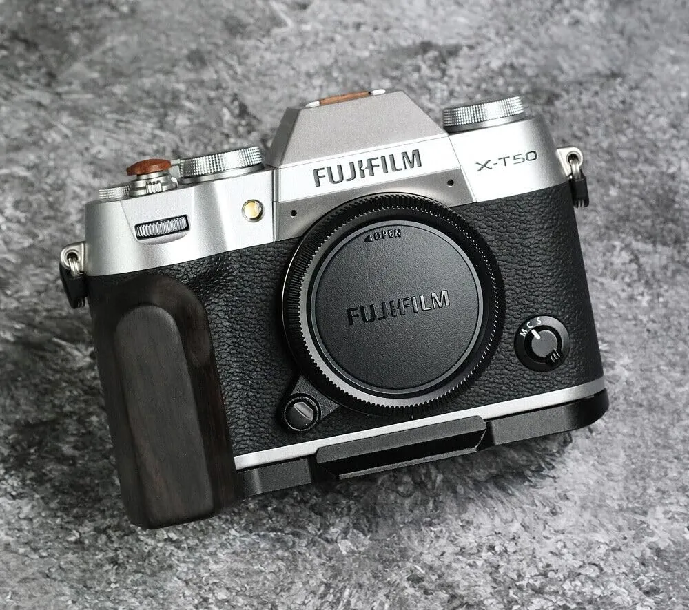 Handmade Wooden Handle Grip & Alloy Base L Plate for Fuji Film XT50 X-T50 Camera (Ebony   Black Alloy Base)