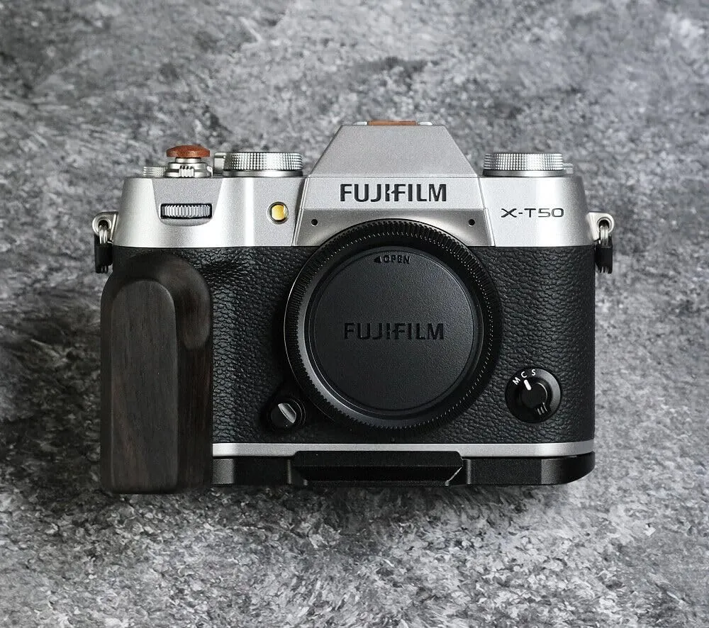 Handmade Wooden Handle Grip & Alloy Base L Plate for Fuji Film XT50 X-T50 Camera (Ebony   Black Alloy Base)