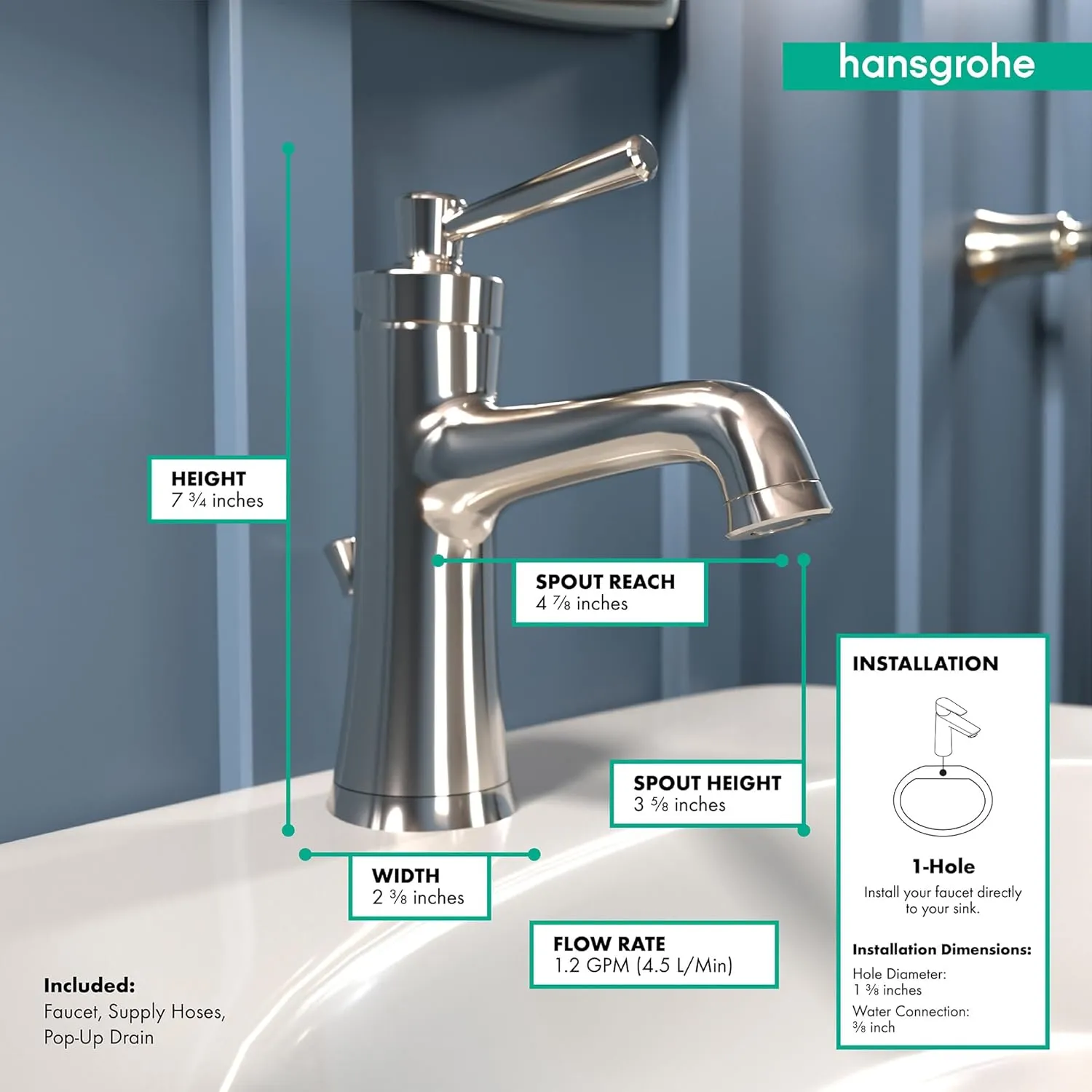 hansgrohe Joleena Transitional 1-Handle 1 8-inch Tall Bathroom Sink Faucet in Polished Nickel, 04771830