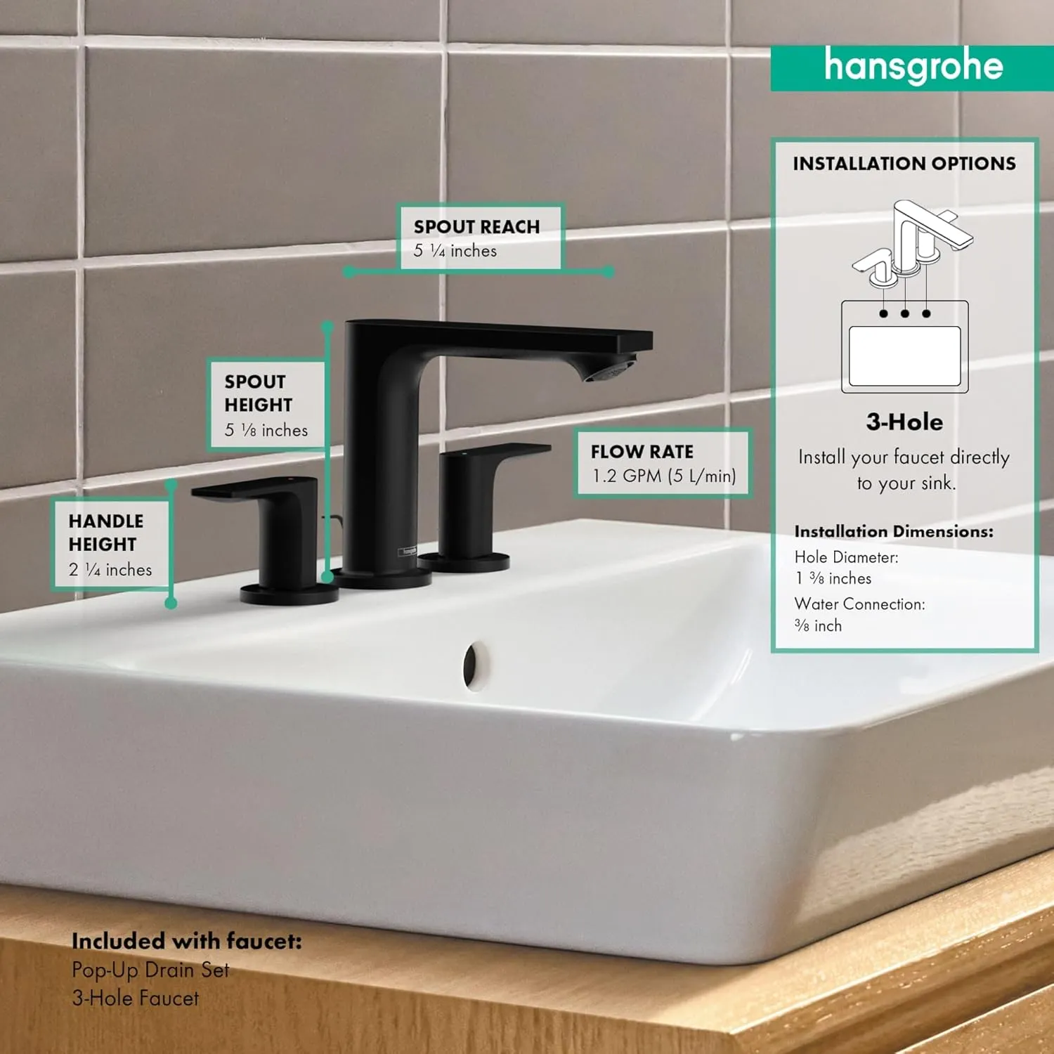 Hansgrohe Rebris E Contemporary 2-Handle 3-Hole 5-inch Tall Bathroom Sink Faucet in Brushed Nickel, 72532821