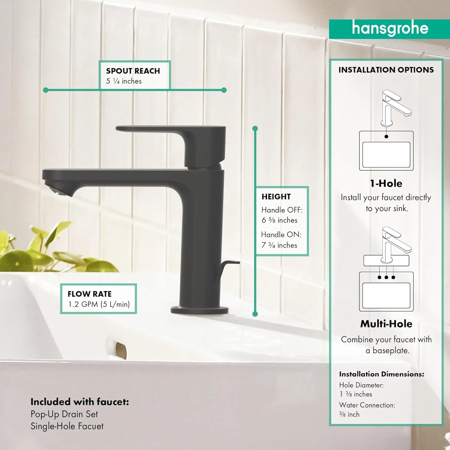Hansgrohe Rebris S Contemporary 1-Handle 1-Hole 7-inch Tall Bathroom Sink Faucet in Brushed Nickel, 72517821