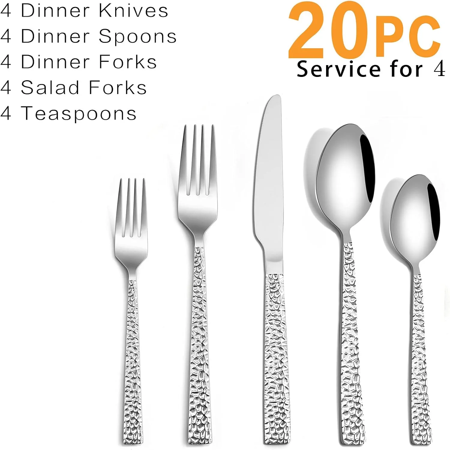 HaWare Hammered Silverware Set, 20-Piece Stainless Steel Flatware for 4, Eating Utensils Tableware Cutlery for Kitchen Hotel Restaurant Party, Mirror Polished - Dishwasher Safe
