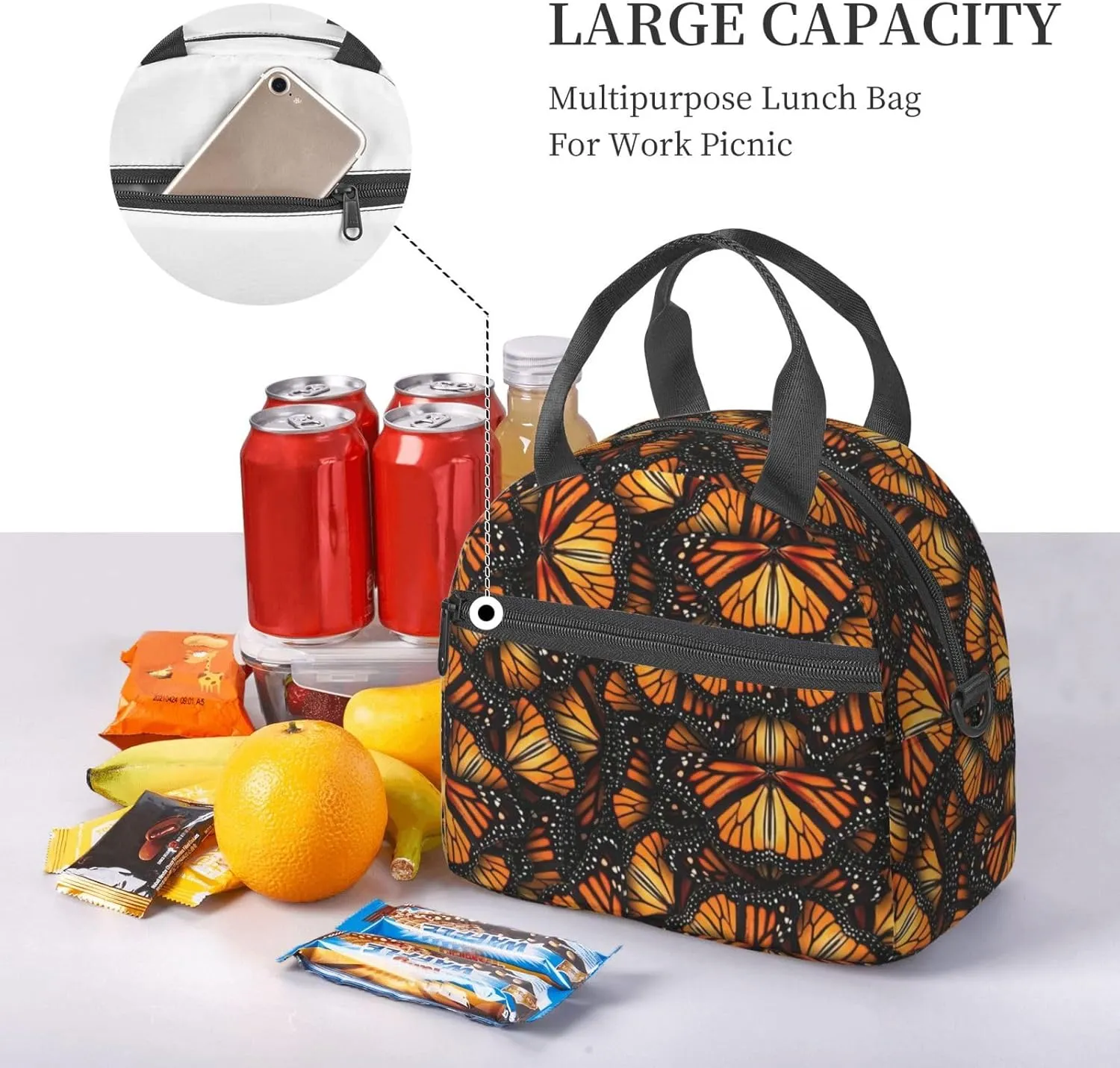 Heaps Of Orange Monarch Butterflies Lunch Bag For Women Men Insulated Lunch Tote Box Reusable For Office Picnic Days