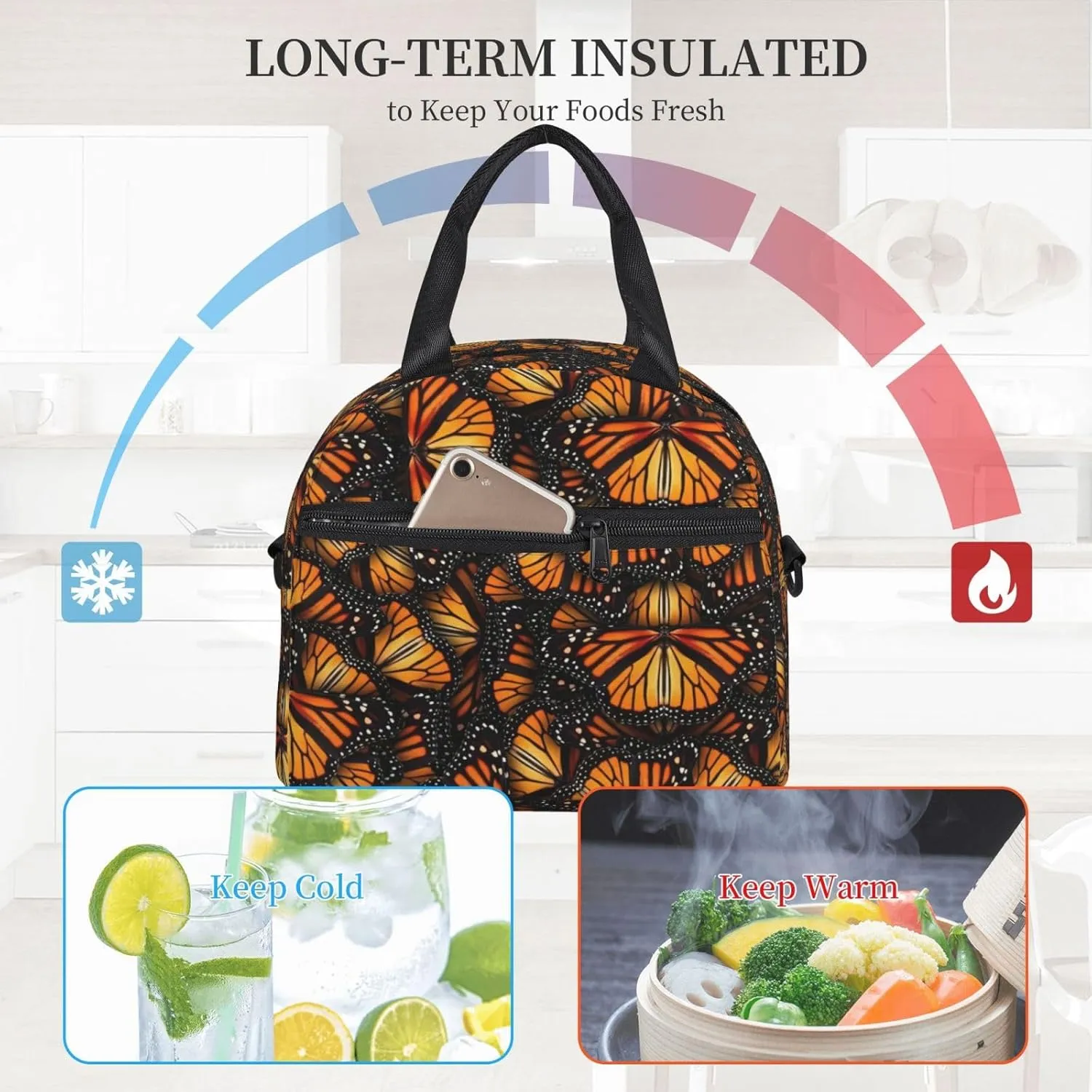 Heaps Of Orange Monarch Butterflies Lunch Bag For Women Men Insulated Lunch Tote Box Reusable For Office Picnic Days