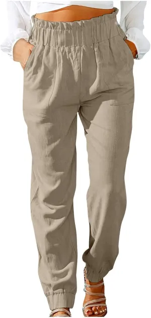 HGps8w Paperbag Summer Linen Pants for Women Elastic High Waist Tapered Pants Business Casual Work Trousers with Pockets