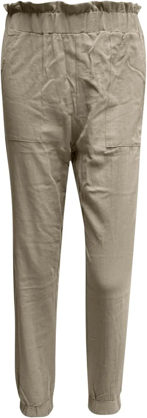 HGps8w Paperbag Summer Linen Pants for Women Elastic High Waist Tapered Pants Business Casual Work Trousers with Pockets