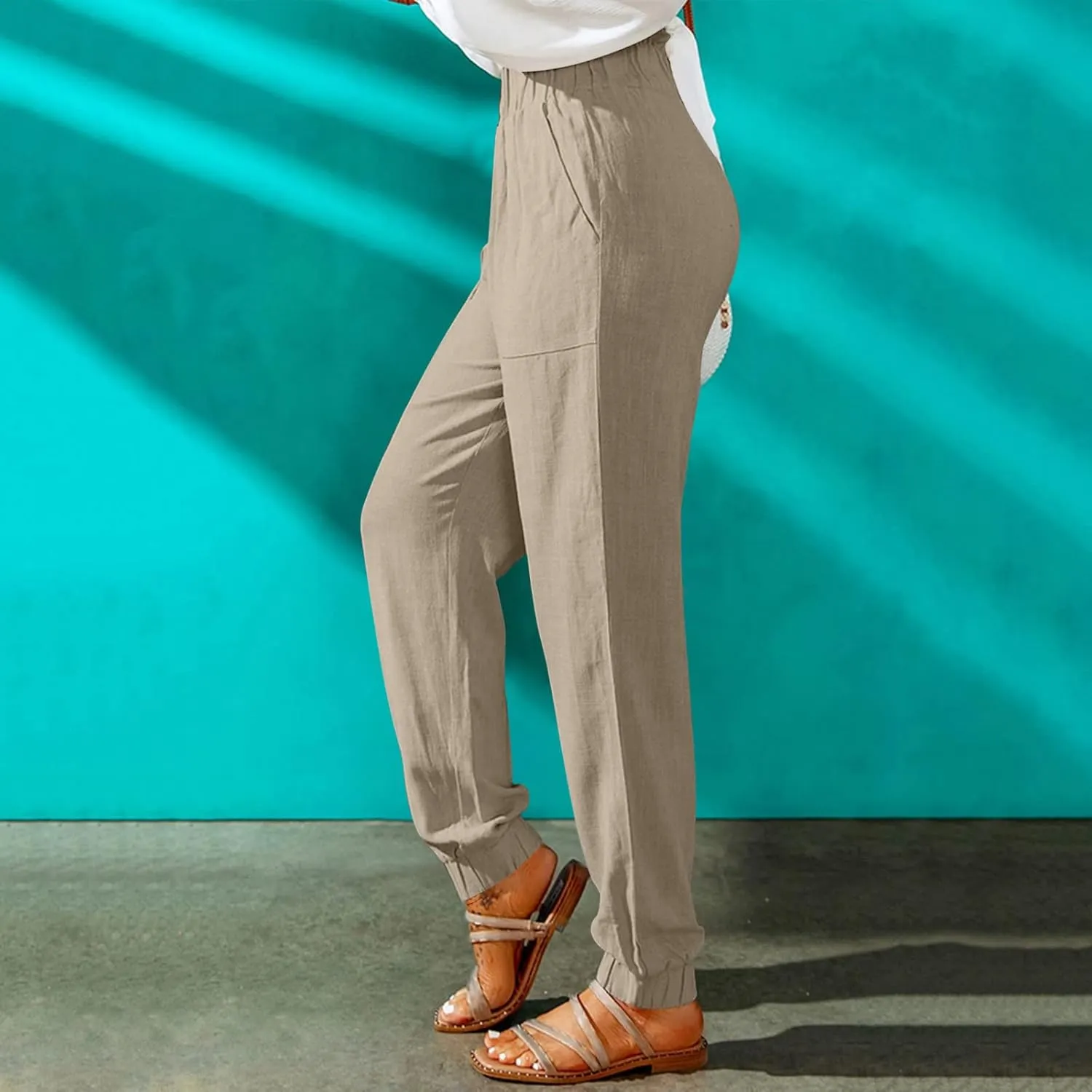 HGps8w Paperbag Summer Linen Pants for Women Elastic High Waist Tapered Pants Business Casual Work Trousers with Pockets