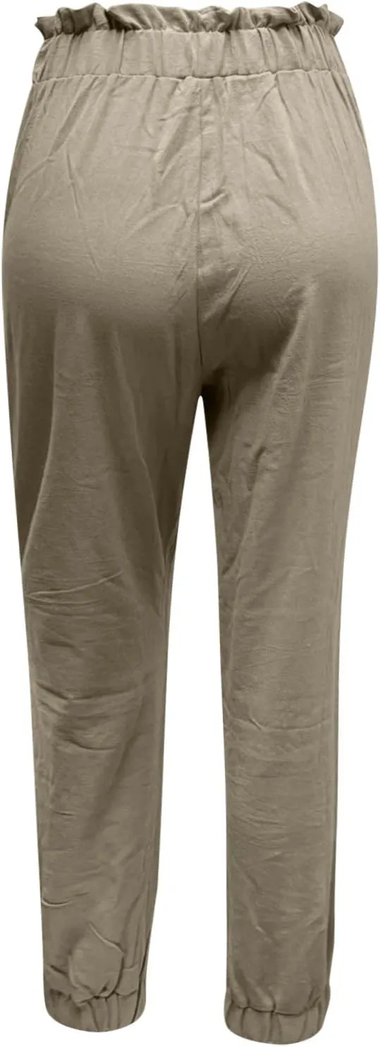 HGps8w Paperbag Summer Linen Pants for Women Elastic High Waist Tapered Pants Business Casual Work Trousers with Pockets