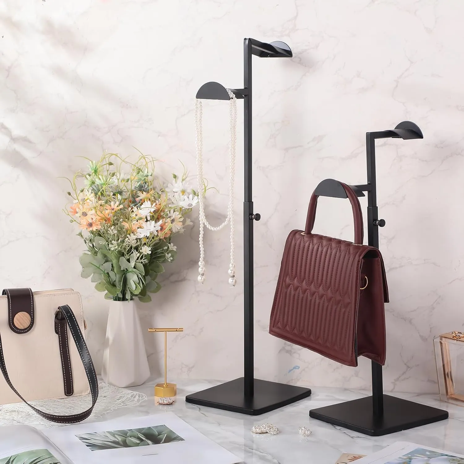 Hicarer Stainless Steel Purse Display Stand Adjustable Height Handbag Display Stand Hanging Double Hook Polished Hanger Bag Holder Stand Hat Jewelry Display Rack for Boutique Store (Black,2 Pcs)