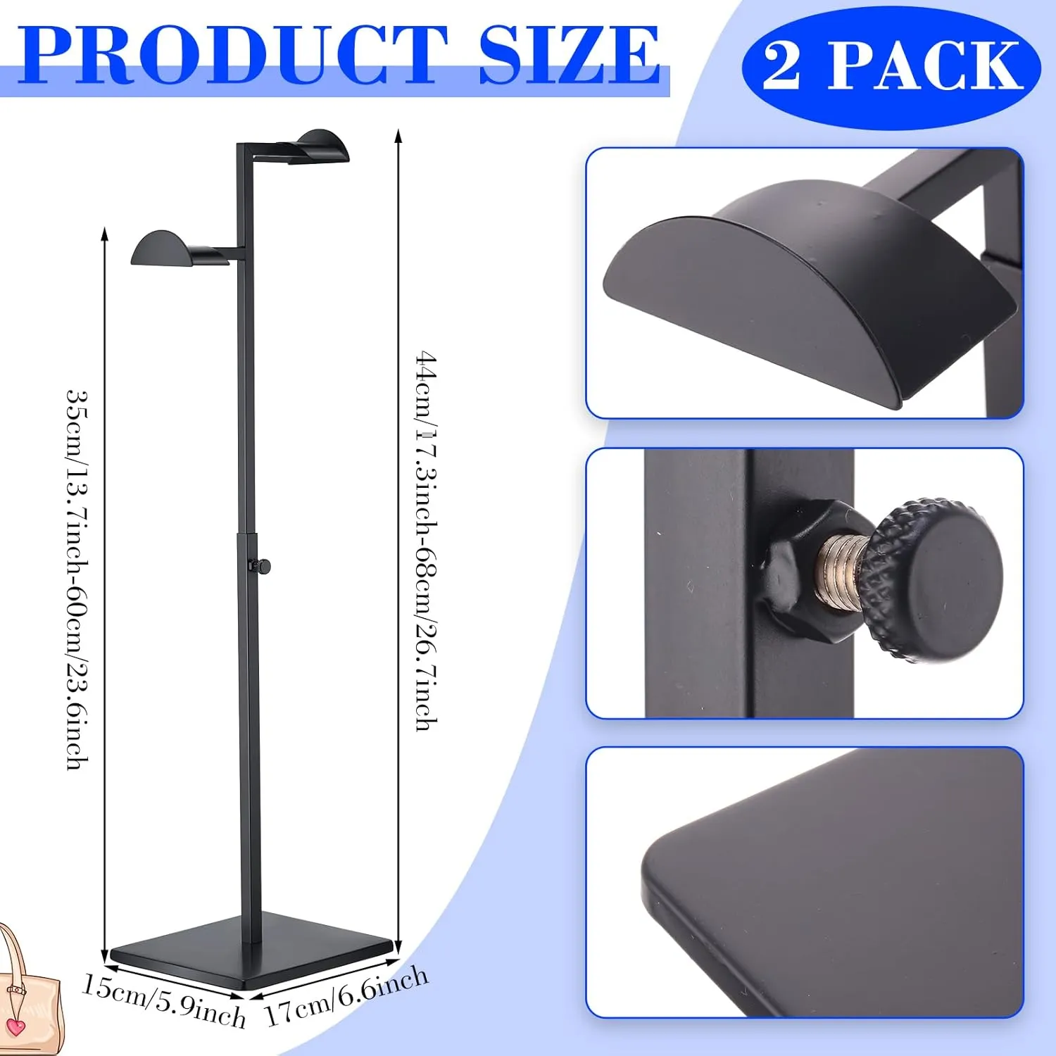 Hicarer Stainless Steel Purse Display Stand Adjustable Height Handbag Display Stand Hanging Double Hook Polished Hanger Bag Holder Stand Hat Jewelry Display Rack for Boutique Store (Black,2 Pcs)