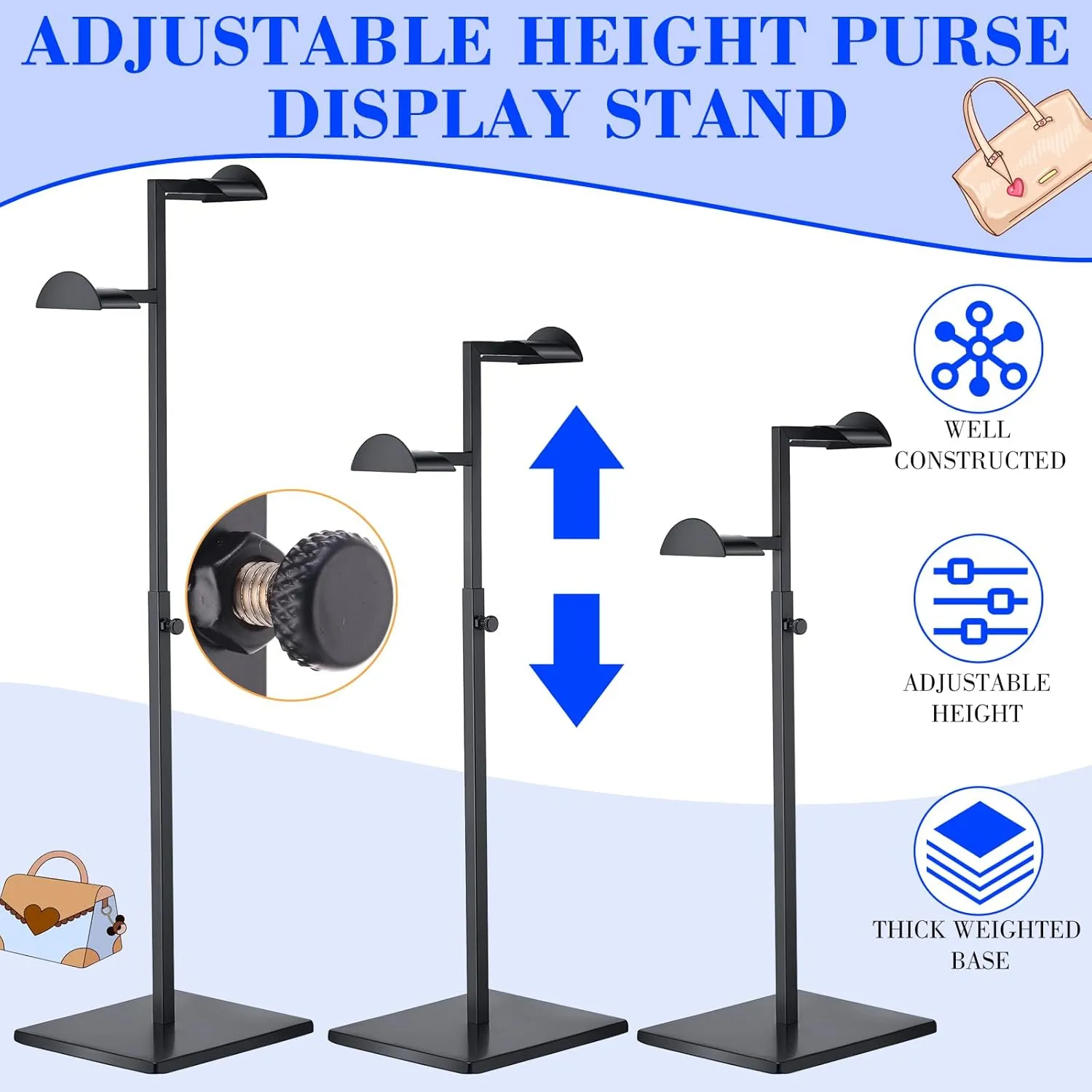 Hicarer Stainless Steel Purse Display Stand Adjustable Height Handbag Display Stand Hanging Double Hook Polished Hanger Bag Holder Stand Hat Jewelry Display Rack for Boutique Store (Black,2 Pcs)