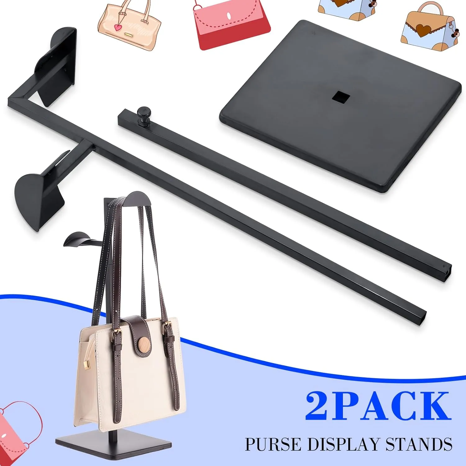 Hicarer Stainless Steel Purse Display Stand Adjustable Height Handbag Display Stand Hanging Double Hook Polished Hanger Bag Holder Stand Hat Jewelry Display Rack for Boutique Store (Black,2 Pcs)
