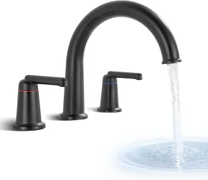 High Flow Roman Tub Faucet with Valve, Widespread Solid Brass 3 Hole Bathtub Faucet, 2 Handle Deck Mount Bath Tub Filler with Supply Water Hoses, Matte Black