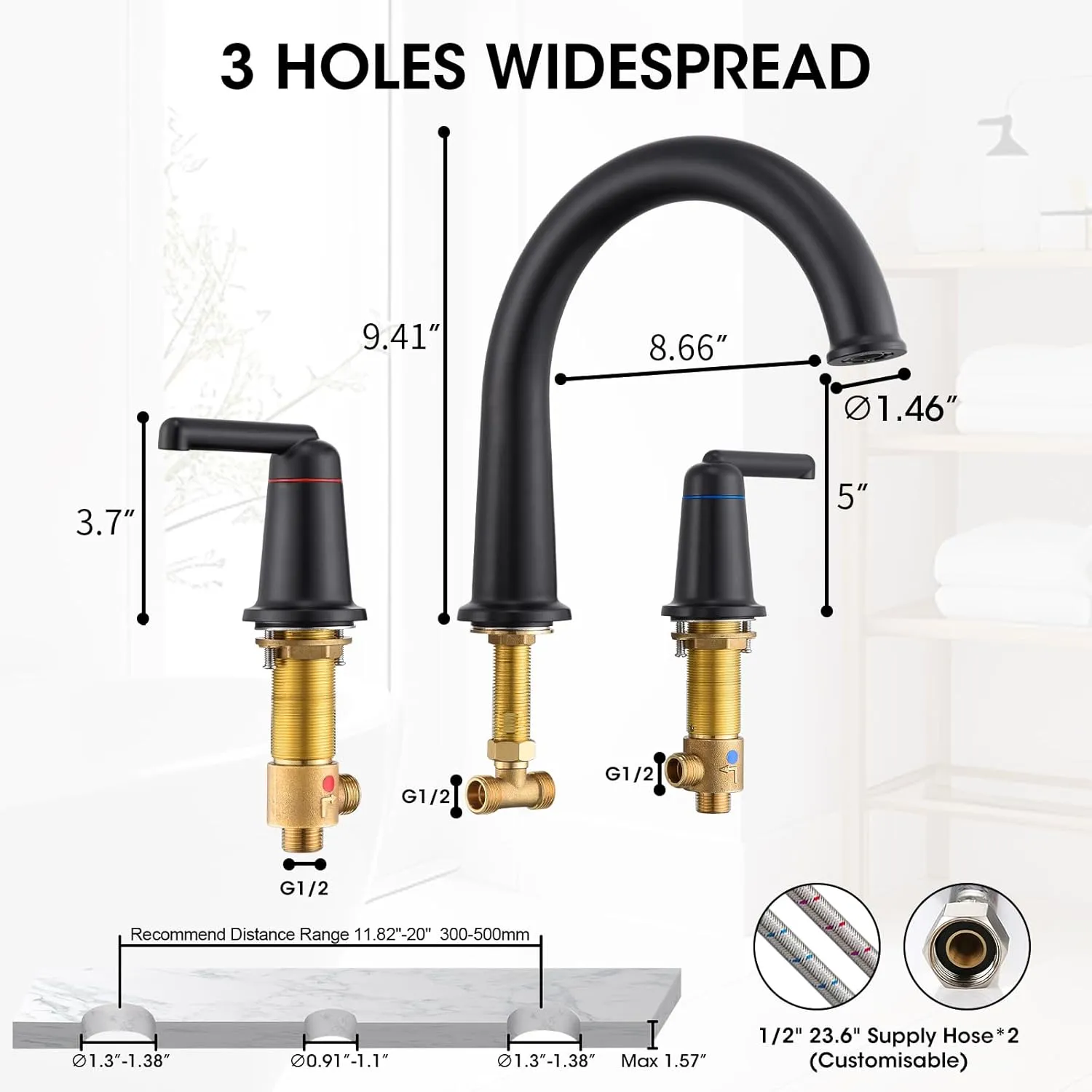 High Flow Roman Tub Faucet with Valve, Widespread Solid Brass 3 Hole Bathtub Faucet, 2 Handle Deck Mount Bath Tub Filler with Supply Water Hoses, Matte Black