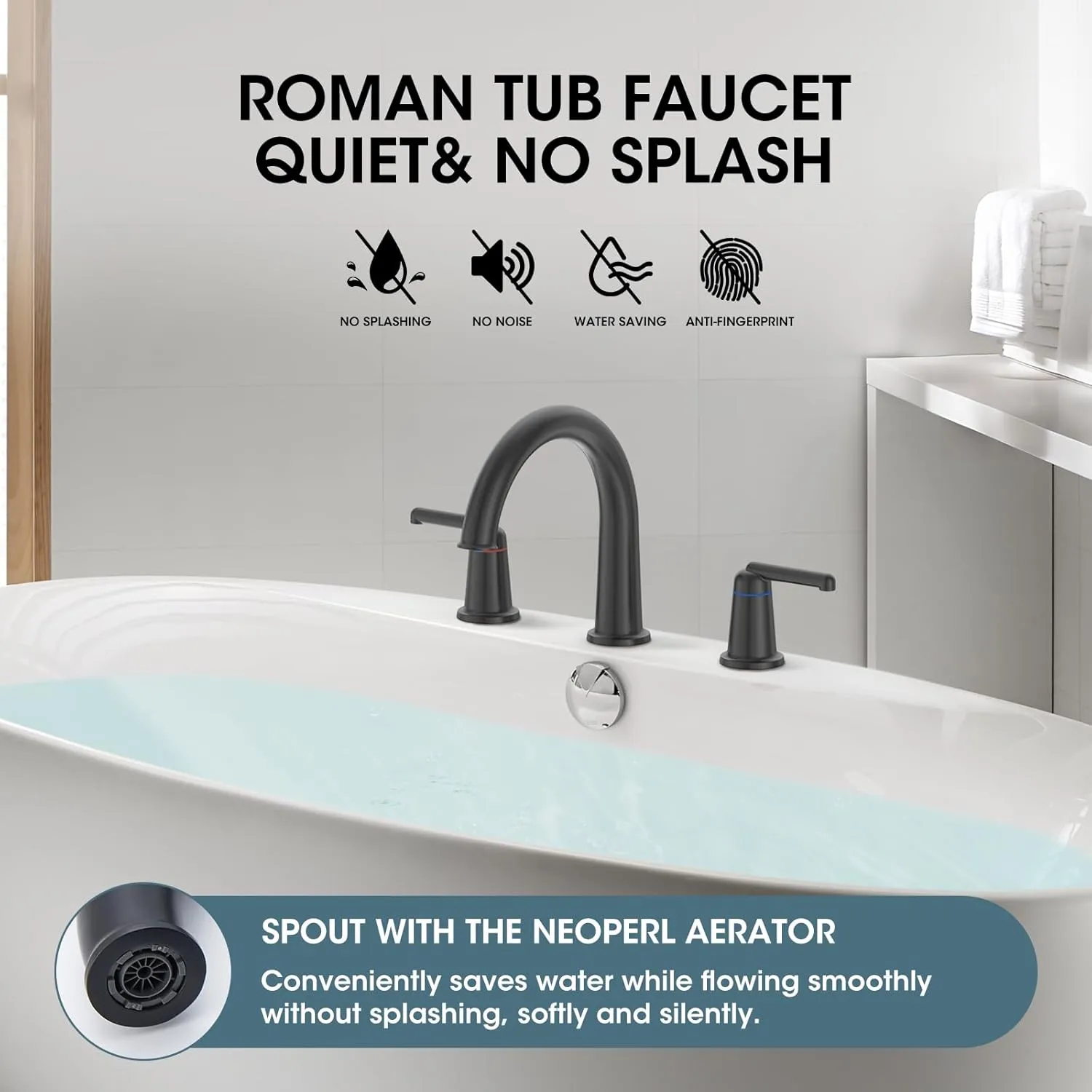 High Flow Roman Tub Faucet with Valve, Widespread Solid Brass 3 Hole Bathtub Faucet, 2 Handle Deck Mount Bath Tub Filler with Supply Water Hoses, Matte Black