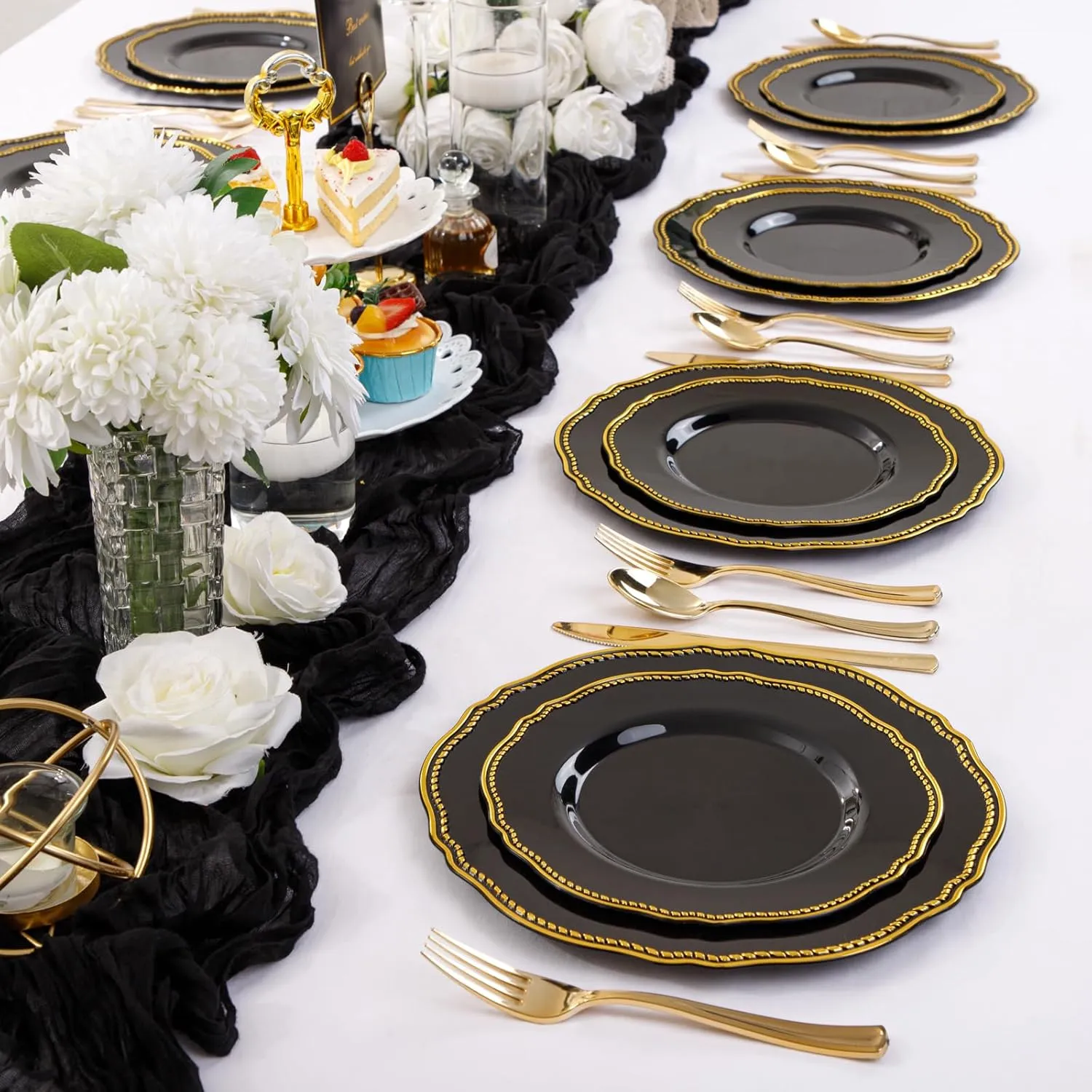 Hioasis 60pcs Black Plastic Plates - Black and Gold Disposable Plates, 7.5 inch Plastic Dessert Plates, Perfect for Wedding & Party & New Year & Father's Day