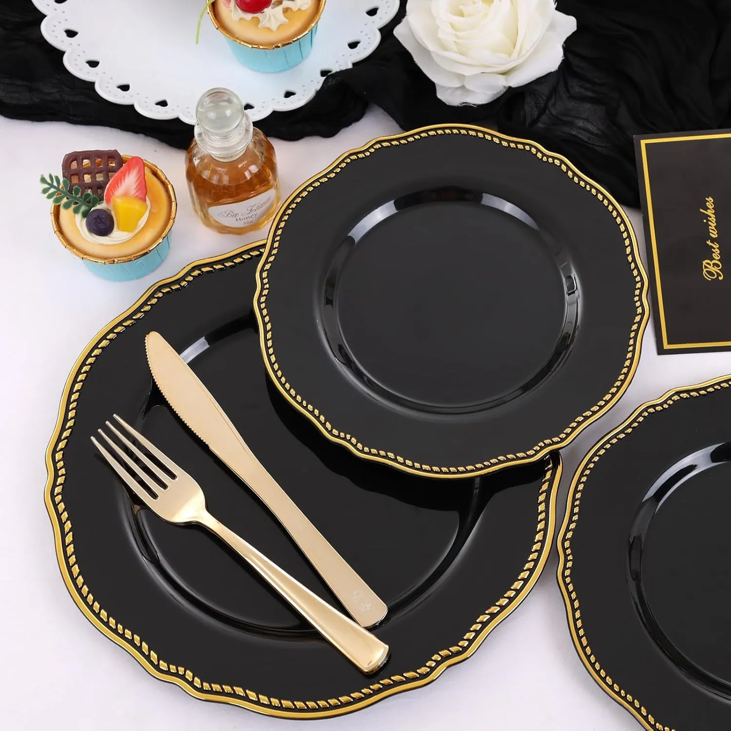 Hioasis 60pcs Black Plastic Plates - Black and Gold Disposable Plates, 7.5 inch Plastic Dessert Plates, Perfect for Wedding & Party & New Year & Father's Day