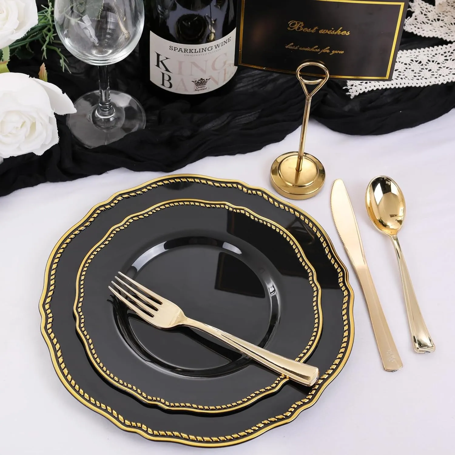 Hioasis 60pcs Black Plastic Plates - Black and Gold Disposable Plates, 7.5 inch Plastic Dessert Plates, Perfect for Wedding & Party & New Year & Father's Day