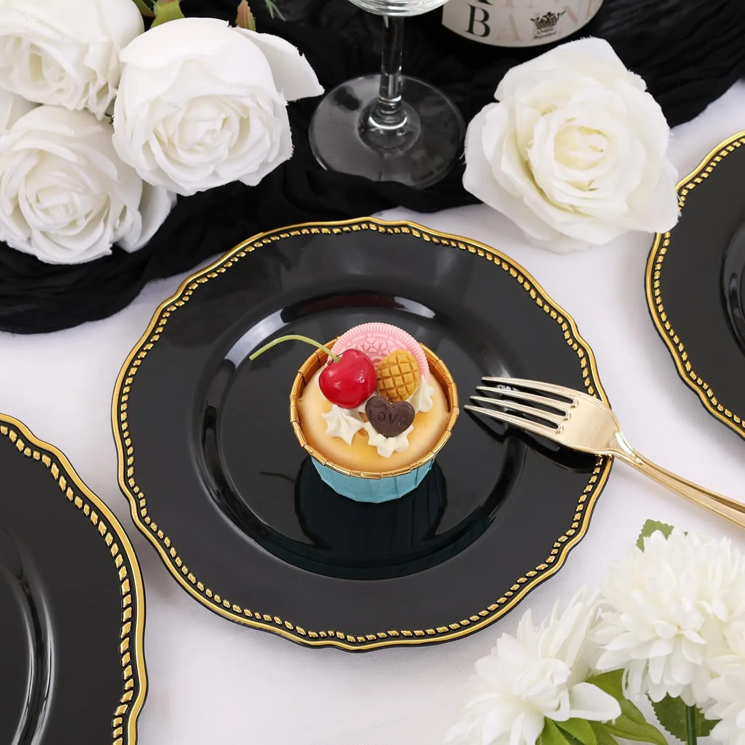 Hioasis 60pcs Black Plastic Plates - Black and Gold Disposable Plates, 7.5 inch Plastic Dessert Plates, Perfect for Wedding & Party & New Year & Father's Day