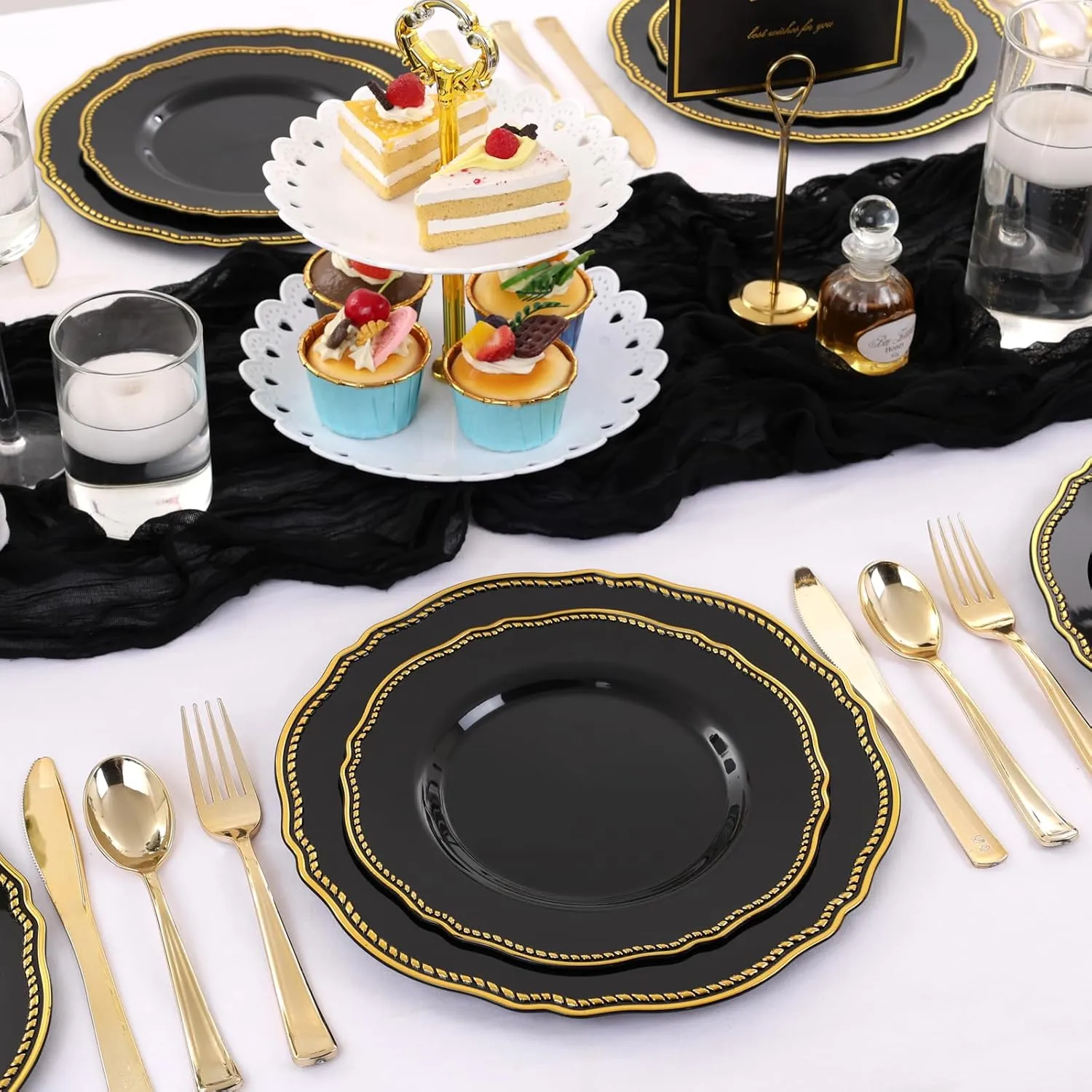 Hioasis 60pcs Black Plastic Plates - Black and Gold Disposable Plates, 7.5 inch Plastic Dessert Plates, Perfect for Wedding & Party & New Year & Father's Day