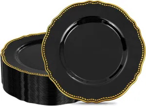Hioasis 60pcs Black Plastic Plates - Black and Gold Disposable Plates, 7.5 inch Plastic Dessert Plates, Perfect for Wedding & Party & New Year & Father's Day