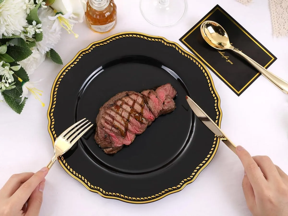 Hioasis 60pcs Black Plastic Plates - Black and Gold Disposable Plates, 7.5 inch Plastic Dessert Plates, Perfect for Wedding & Party & New Year & Father's Day